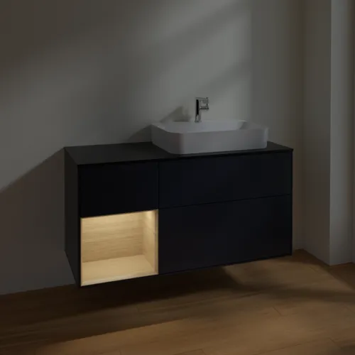 VILLEROY BOCH Toaletní skříňka Finion, s osvětlením, 3 výsuvy, 1200 x 603 x 501 mm, Midnight Blue Matt Lacquer / Oak Veneer / Glass Black Matt #F392PCHG, obrázek 5