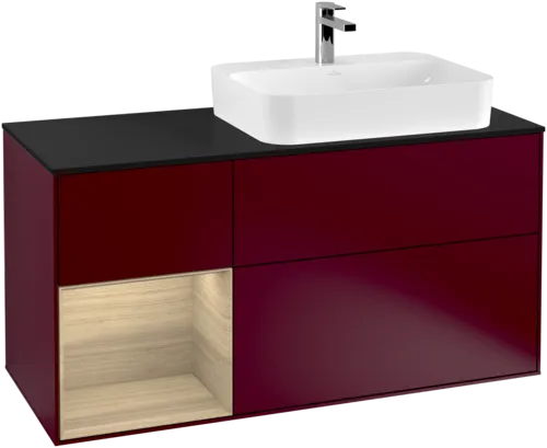 VILLEROY BOCH Toaletní skříňka Finion, s osvětlením, 3 výsuvy, 1200 x 603 x 501 mm, matný lak Peony / dubová dýha / černé matné sklo #F392PCHB