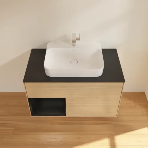 VILLEROY BOCH Toaletní skříňka Finion, s osvětlením, 2 výsuvy, 1000 x 603 x 501 mm, dubová dýha / černý matný lak / černé matné sklo #F362PDPC, obrázek 4