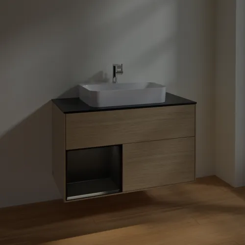 VILLEROY BOCH Toaletní skříňka Finion, s osvětlením, 2 výsuvy, 1000 x 603 x 501 mm, dubová dýha / černý matný lak / černé matné sklo #F362PDPC, obrázek 5