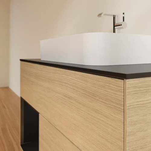 VILLEROY BOCH Toaletní skříňka Finion, s osvětlením, 2 výsuvy, 1000 x 603 x 501 mm, dubová dýha / černý matný lak / černé matné sklo #F362PDPC, obrázek 6