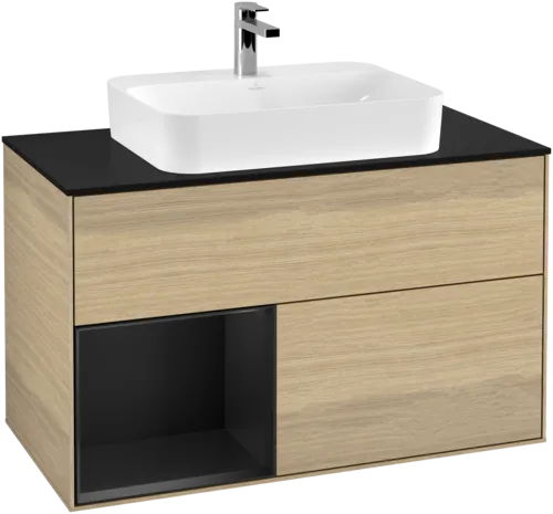 VILLEROY BOCH Toaletní skříňka Finion, s osvětlením, 2 výsuvy, 1000 x 603 x 501 mm, dubová dýha / černý matný lak / černé matné sklo #F362PDPC, obrázek 1