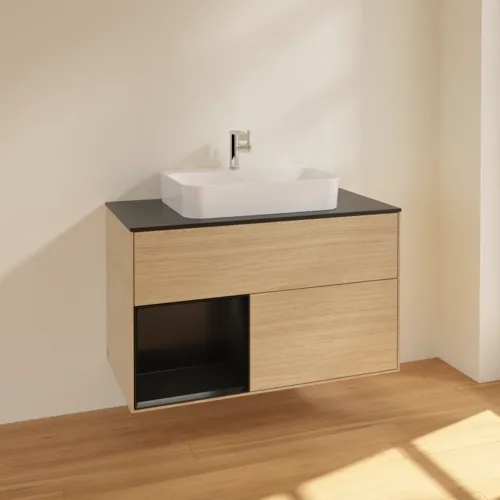 VILLEROY BOCH Toaletní skříňka Finion, s osvětlením, 2 výsuvy, 1000 x 603 x 501 mm, dubová dýha / černý matný lak / černé matné sklo #F362PDPC, obrázek 2