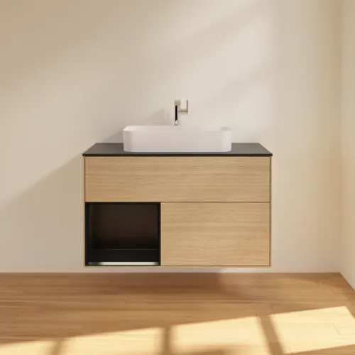 VILLEROY BOCH Toaletní skříňka Finion, s osvětlením, 2 výsuvy, 1000 x 603 x 501 mm, dubová dýha / černý matný lak / černé matné sklo #F362PDPC, obrázek 3