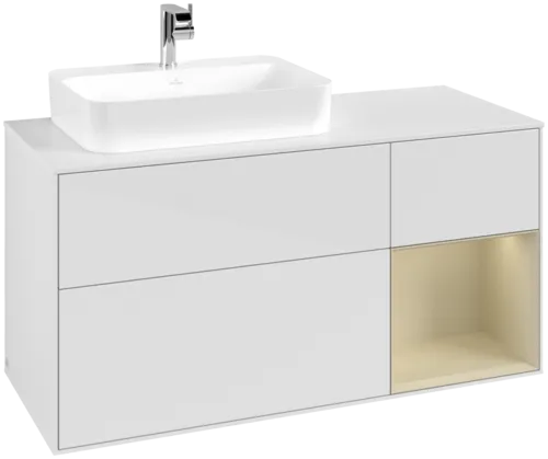 VILLEROY BOCH Toaletní skříňka Finion, s osvětlením, 3 výsuvy, 1200 x 603 x 501 mm, lesklý bílý lak / hedvábně šedý matný lak / bílé matné sklo #F401HJGF