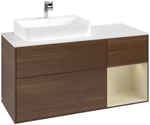 VILLEROY BOCH Toaletní skříňka Finion, s osvětlením, 3 výsuvy, 1200 x 603 x 501 mm, ořechová dýha / hedvábně šedý matný lak / sklo bílé matné #F401HJGN