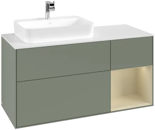 VILLEROY BOCH Toaletní skříňka Finion, s osvětlením, 3 výsuvy, 1200 x 603 x 501 mm, olivový matný lak / hedvábně šedý matný lak / bílé matné sklo #F401HJGM