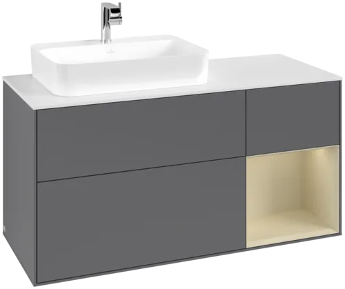 VILLEROY BOCH Toaletní skříňka Finion, s osvětlením, 3 výsuvy, 1200 x 603 x 501 mm, antracitový matný lak / hedvábně šedý matný lak / bílé matné sklo #F401HJGK