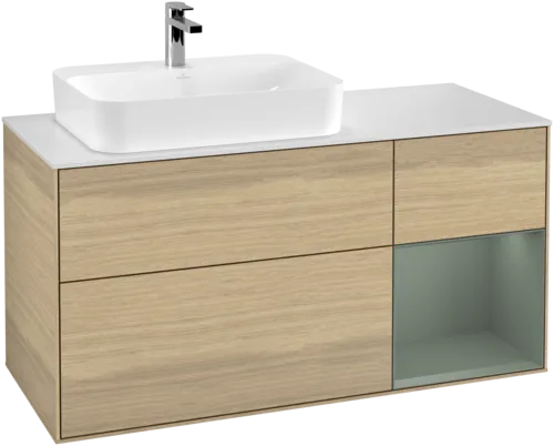 VILLEROY BOCH Toaletní skříňka Finion, s osvětlením, 3 výsuvy, 1200 x 603 x 501 mm, dubová dýha / olivový matný lak / sklo bílé matné #F401GMPC