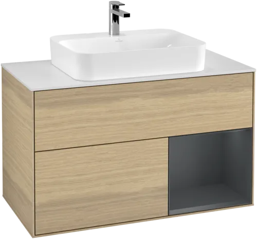 VILLEROY BOCH Toaletní skříňka Finion, s osvětlením, 2 výsuvy, 1000 x 603 x 501 mm, dubová dýha / půlnočně modrý matný lak / bílé matné sklo #F371HGPC