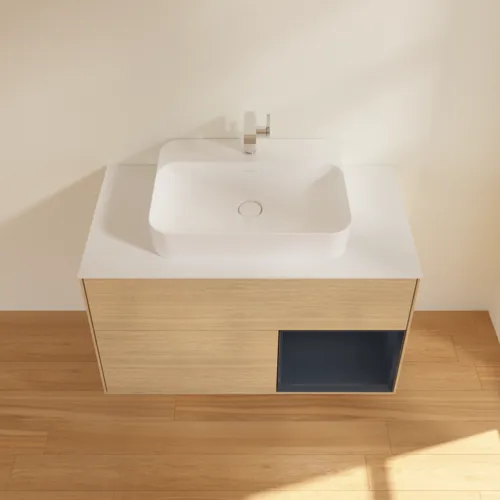 VILLEROY BOCH Toaletní skříňka Finion, s osvětlením, 2 výsuvy, 1000 x 603 x 501 mm, dubová dýha / půlnočně modrý matný lak / bílé matné sklo #F371HGPC, obrázek 4