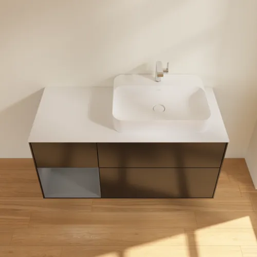 VILLEROY BOCH Toaletní skříňka Finion, s osvětlením, 3 výsuvy, 1200 x 603 x 501 mm, černý matný lak / antracitový matný lak / bílé matné sklo #F391GKPD, obrázek 4