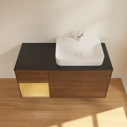 VILLEROY BOCH Toaletní skříňka Finion, s osvětlením, 3 výsuvy, 1200 x 603 x 501 mm, ořechová dýha / zlatý matný lak / černé matné sklo #F392HFGN, obrázek 3