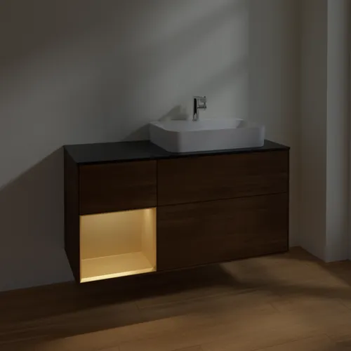 VILLEROY BOCH Toaletní skříňka Finion, s osvětlením, 3 výsuvy, 1200 x 603 x 501 mm, ořechová dýha / zlatý matný lak / černé matné sklo #F392HFGN, obrázek 4