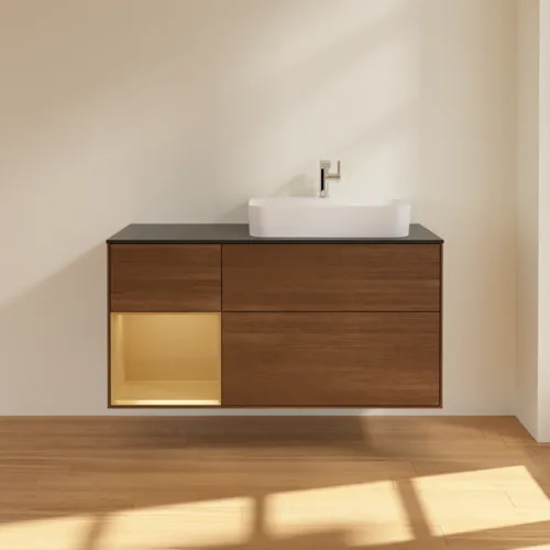 VILLEROY BOCH Toaletní skříňka Finion, s osvětlením, 3 výsuvy, 1200 x 603 x 501 mm, ořechová dýha / zlatý matný lak / černé matné sklo #F392HFGN, obrázek 2