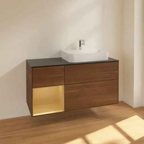 VILLEROY BOCH Toaletní skříňka Finion, s osvětlením, 3 výsuvy, 1200 x 603 x 501 mm, ořechová dýha / zlatý matný lak / černé matné sklo #F392HFGN