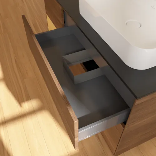VILLEROY BOCH Toaletní skříňka Finion, s osvětlením, 3 výsuvy, 1200 x 603 x 501 mm, ořechová dýha / zlatý matný lak / černé matné sklo #F392HFGN, obrázek 7