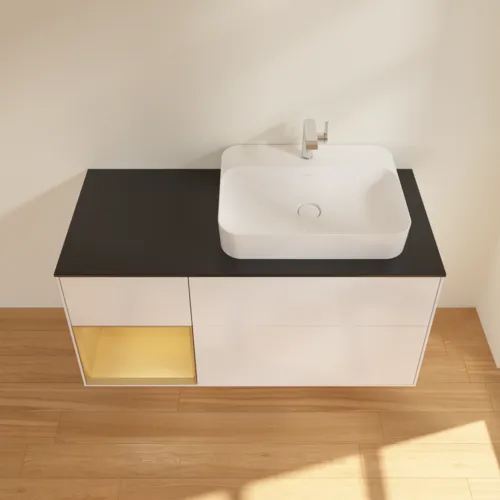 VILLEROY BOCH Toaletní skříňka Finion, s osvětlením, 3 výsuvy, 1200 x 603 x 501 mm, lesklý bílý lak / zlatý matný lak / černé matné sklo #F392HFGF, obrázek 4