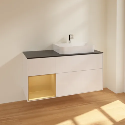 VILLEROY BOCH Toaletní skříňka Finion, s osvětlením, 3 výsuvy, 1200 x 603 x 501 mm, lesklý bílý lak / zlatý matný lak / černé matné sklo #F392HFGF, obrázek 2
