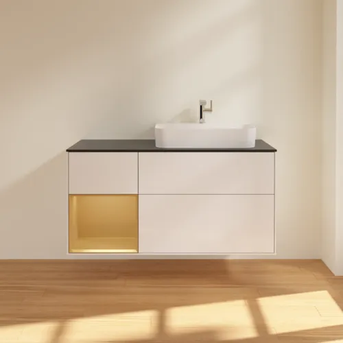VILLEROY BOCH Toaletní skříňka Finion, s osvětlením, 3 výsuvy, 1200 x 603 x 501 mm, lesklý bílý lak / zlatý matný lak / černé matné sklo #F392HFGF, obrázek 3