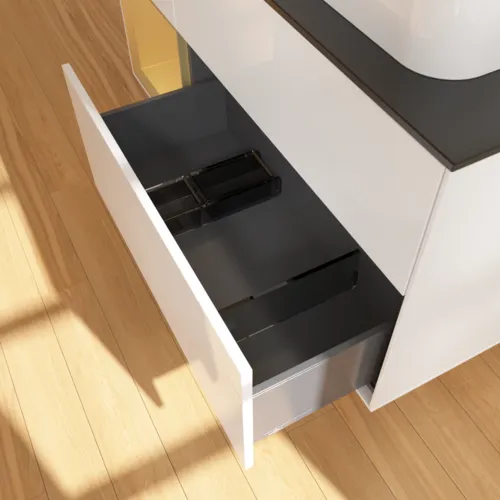 VILLEROY BOCH Toaletní skříňka Finion, s osvětlením, 3 výsuvy, 1200 x 603 x 501 mm, lesklý bílý lak / zlatý matný lak / černé matné sklo #F392HFGF, obrázek 7
