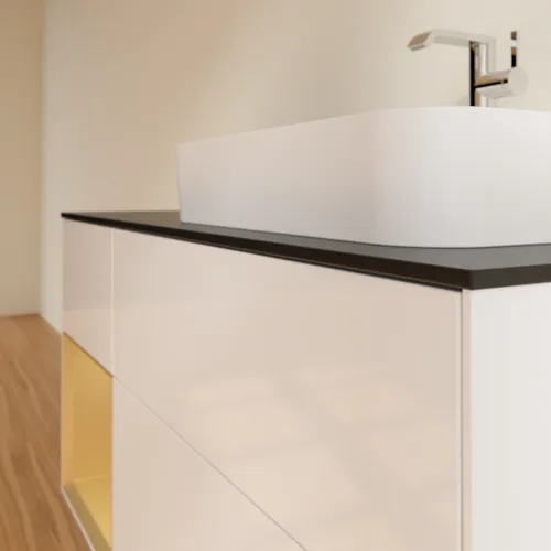 VILLEROY BOCH Toaletní skříňka Finion, s osvětlením, 3 výsuvy, 1200 x 603 x 501 mm, lesklý bílý lak / zlatý matný lak / černé matné sklo #F392HFGF, obrázek 6