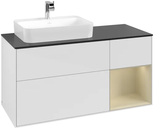VILLEROY BOCH Toaletní skříňka Finion, s osvětlením, 3 výsuvy, 1200 x 603 x 501 mm, lesklý bílý lak / hedvábně šedý matný lak / černé matné sklo #F402HJGF
