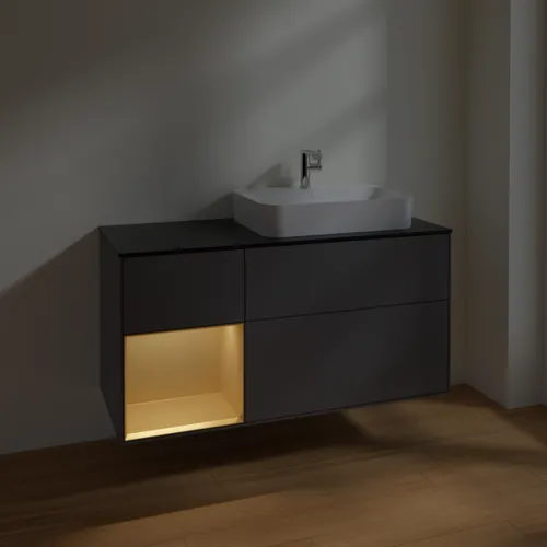 VILLEROY BOCH Toaletní skříňka Finion, s osvětlením, 3 výsuvy, 1200 x 603 x 501 mm, antracit matný lak / zlatý matný lak / černé matné sklo #F392HFGK, obrázek 5