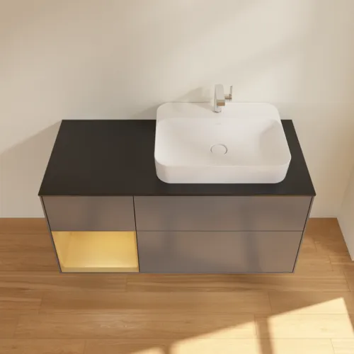 VILLEROY BOCH Toaletní skříňka Finion, s osvětlením, 3 výsuvy, 1200 x 603 x 501 mm, antracit matný lak / zlatý matný lak / černé matné sklo #F392HFGK, obrázek 4