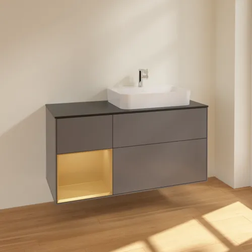 VILLEROY BOCH Toaletní skříňka Finion, s osvětlením, 3 výsuvy, 1200 x 603 x 501 mm, antracit matný lak / zlatý matný lak / černé matné sklo #F392HFGK, obrázek 2