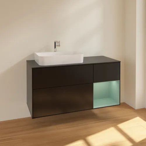 VILLEROY BOCH Toaletní skříňka Finion, s osvětlením, 3 výsuvy, 1200 x 603 x 501 mm, černý matný lak / olivový matný lak / černé matné sklo #F402GMPD, obrázek 2