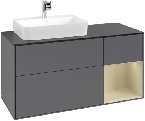 VILLEROY BOCH Toaletní skříňka Finion, s osvětlením, 3 výsuvy, 1200 x 603 x 501 mm, antracitový matný lak / hedvábně šedý matný lak / černé matné sklo #F402HJGK