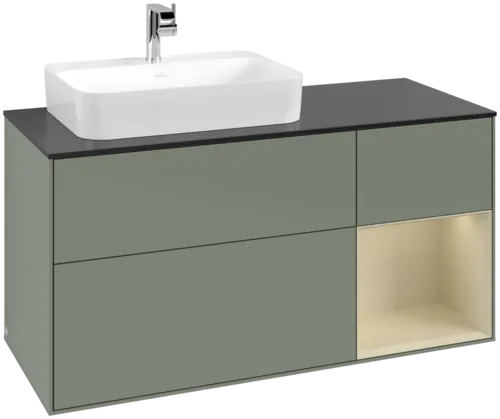 VILLEROY BOCH Toaletní skříňka Finion, s osvětlením, 3 výsuvy, 1200 x 603 x 501 mm, olivový matný lak / hedvábně šedý matný lak / černé matné sklo #F402HJGM