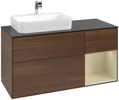 VILLEROY BOCH Toaletní skříňka Finion, s osvětlením, 3 výsuvy, 1200 x 603 x 501 mm, ořechová dýha / hedvábně šedý matný lak / sklo černé matné #F402HJGN
