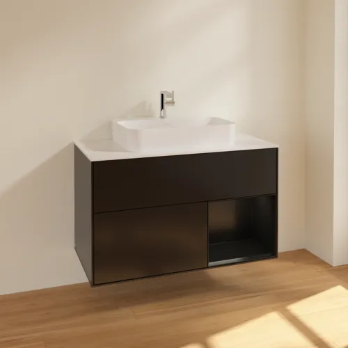 VILLEROY BOCH Toaletní skříňka Finion, s osvětlením, 2 výsuvy, 1000 x 603 x 501 mm, černý matný lak / černý matný lak / sklo bílé matné #F371PDPD, obrázek 2