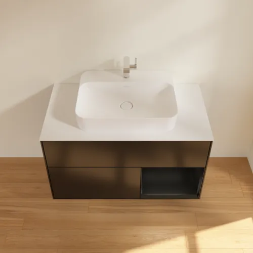 VILLEROY BOCH Toaletní skříňka Finion, s osvětlením, 2 výsuvy, 1000 x 603 x 501 mm, černý matný lak / černý matný lak / sklo bílé matné #F371PDPD, obrázek 4