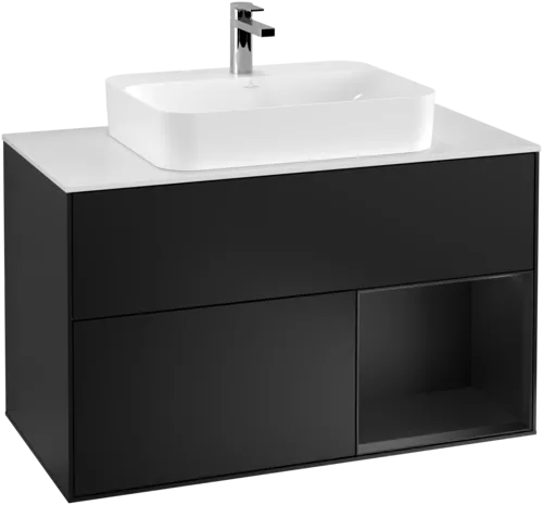 VILLEROY BOCH Toaletní skříňka Finion, s osvětlením, 2 výsuvy, 1000 x 603 x 501 mm, černý matný lak / černý matný lak / sklo bílé matné #F371PDPD