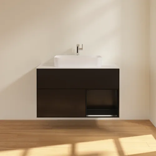 VILLEROY BOCH Toaletní skříňka Finion, s osvětlením, 2 výsuvy, 1000 x 603 x 501 mm, černý matný lak / černý matný lak / sklo bílé matné #F371PDPD, obrázek 3