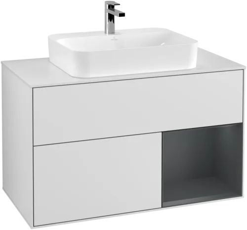 VILLEROY BOCH Toaletní skříňka Finion, s osvětlením, 2 výsuvy, 1000 x 603 x 501 mm, bílý matný lak / půlnoční modrý matný lak / bílé matné sklo #F371HGMT