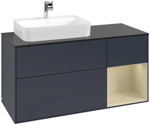 VILLEROY BOCH Toaletní skříňka Finion, s osvětlením, 3 výsuvy, 1200 x 603 x 501 mm, Midnight Blue Matt Lacquer / Silk Grey Matt Lacquer / Glass Black Matt #F402HJHG