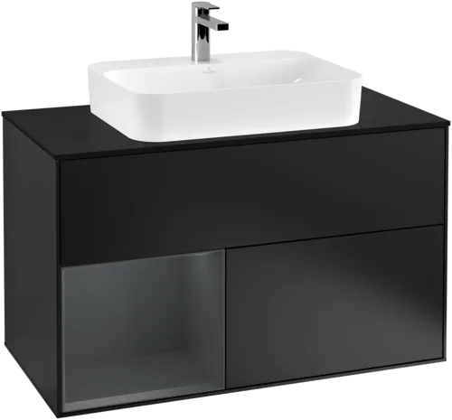 VILLEROY BOCH Toaletní skříňka Finion, s osvětlením, 2 výsuvy, 1000 x 603 x 501 mm, černý matný lak / půlnoční modrý matný lak / černé matné sklo #F362HGPD, obrázek 1