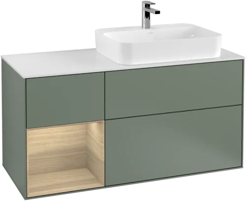 VILLEROY BOCH Toaletní skříňka Finion, s osvětlením, 3 výsuvy, 1200 x 603 x 501 mm, olivový matný lak / dubová dýha / sklo bílé matné #F391PCGM, obrázek 1