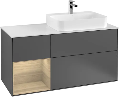 VILLEROY BOCH Toaletní skříňka Finion, s osvětlením, 3 výsuvy, 1200 x 603 x 501 mm, antracit matný lak / dubová dýha / sklo bílé matné #F391PCGK