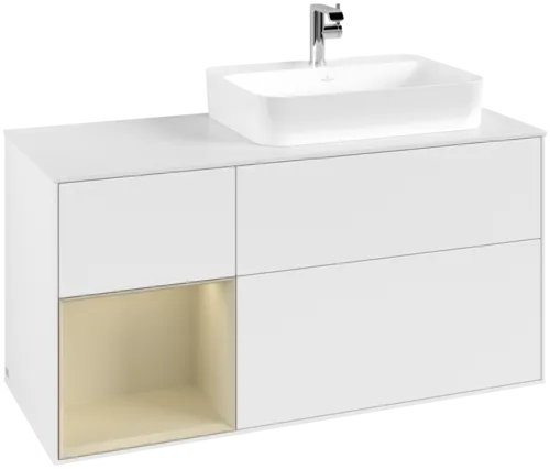 VILLEROY BOCH Toaletní skříňka Finion, s osvětlením, 3 výsuvy, 1200 x 603 x 501 mm, bílý matný lak / hedvábně šedý matný lak / bílé matné sklo #F391HJMT