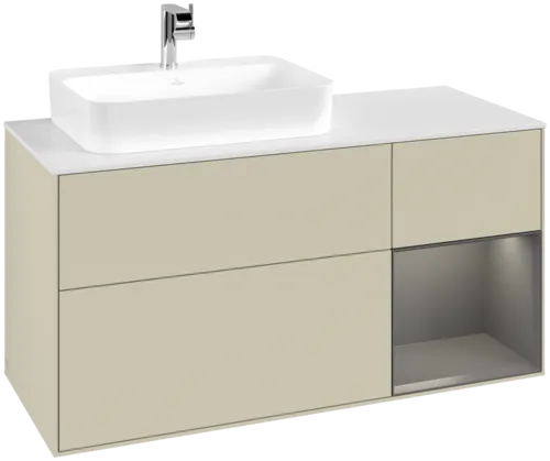 VILLEROY BOCH Toaletní skříňka Finion, s osvětlením, 3 výsuvy, 1200 x 603 x 501 mm, hedvábně šedý matný lak / antracitový matný lak / bílé matné sklo #F401GKHJ