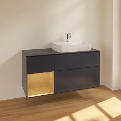 VILLEROY BOCH Toaletní skříňka Finion, s osvětlením, 3 výsuvy, 1200 x 603 x 501 mm, Midnight Blue Matt Lacquer / Gold Matt Lacquer / Glass Black Matt #F392HFHG, obrázek 2