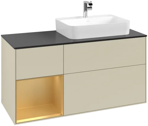 VILLEROY BOCH Toaletní skříňka Finion, s osvětlením, 3 výsuvy, 1200 x 603 x 501 mm, Silk Grey Matt Lacquer / Gold Matt Lacquer / Glass Black Matt #F392HFHJ
