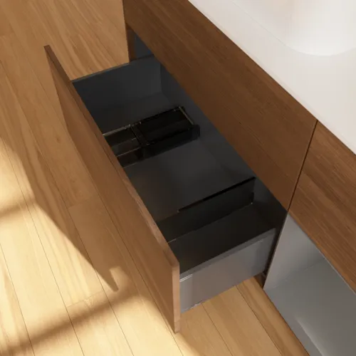 VILLEROY BOCH Toaletní skříňka Finion, s osvětlením, 3 výsuvy, 1200 x 603 x 501 mm, ořechová dýha / antracitový matný lak / bílé matné sklo #F401GKGN, obrázek 7