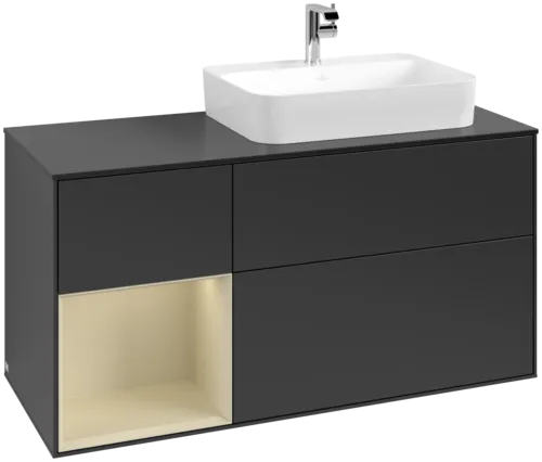 VILLEROY BOCH Toaletní skříňka Finion, s osvětlením, 3 výsuvy, 1200 x 603 x 501 mm, černý matný lak / hedvábně šedý matný lak / černé matné sklo #F392HJPD