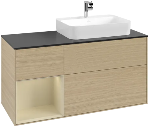 VILLEROY BOCH Toaletní skříňka Finion, s osvětlením, 3 výsuvy, 1200 x 603 x 501 mm, dubová dýha / hedvábně šedý matný lak / sklo černé matné #F392HJPC
